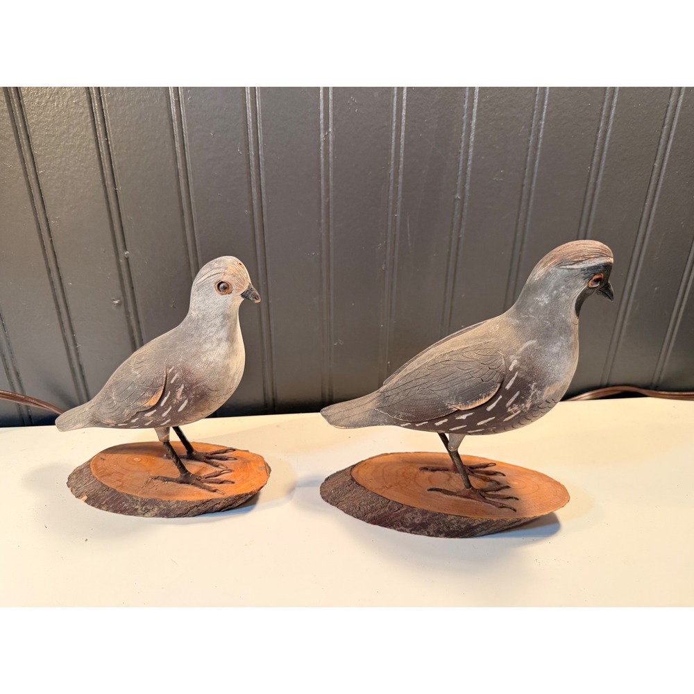 Vintage Hand Carved Wooden Quail Pair Figurine Set Folk Art Bird Sculptures 7in